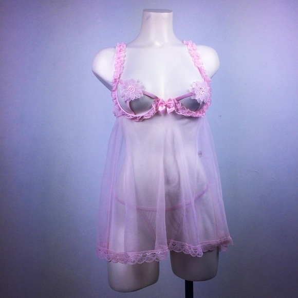 90's Pastel Baby Pink Daisy Pasties Underwire Lace Bra Babydoll Mini Dress - Picture 1 of 10